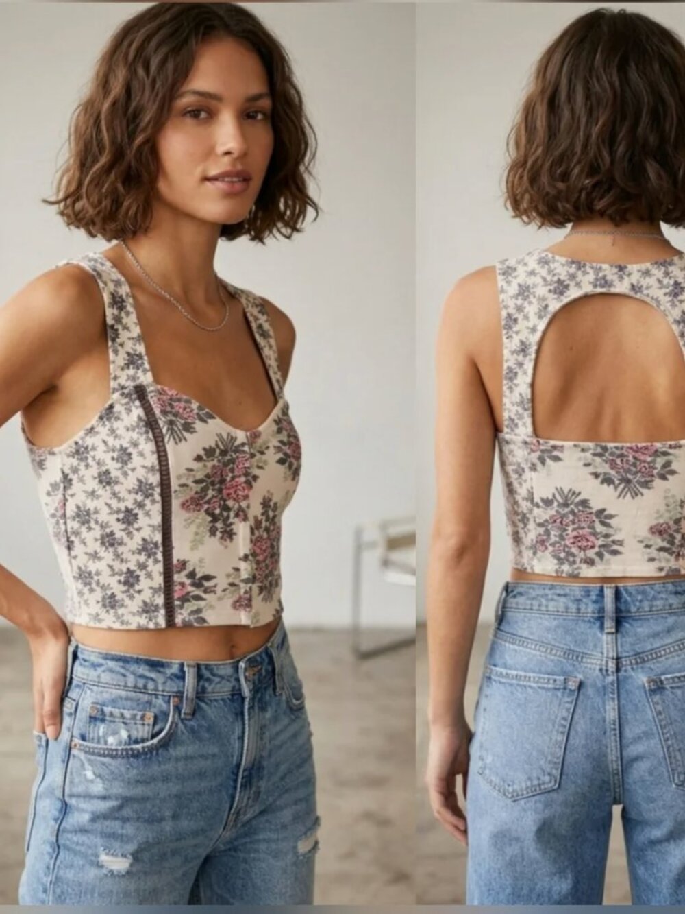 Kimchi Blue Floral Corset Crop Top in Cream, Pink and Green